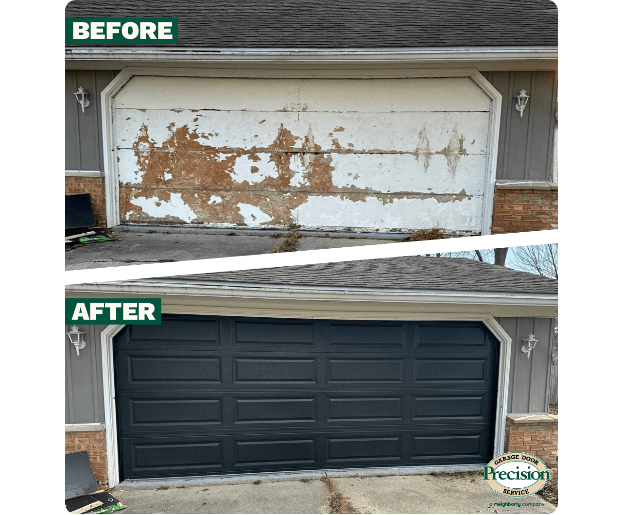 Deteriorated Garage Door, Before and After Project